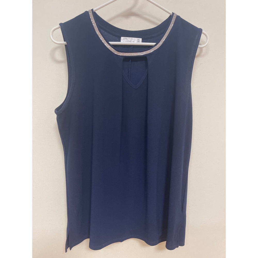 89th + Madison Navy Blue Sleeveless Rhinestone Keyhole Neck Blouse Medium